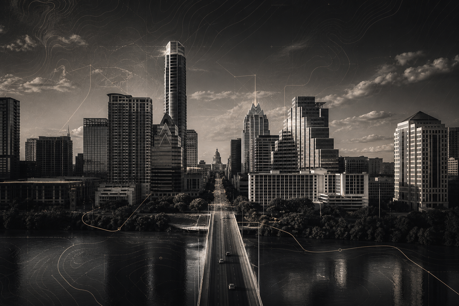 Branded aerial view of the Austin, Texas skyline