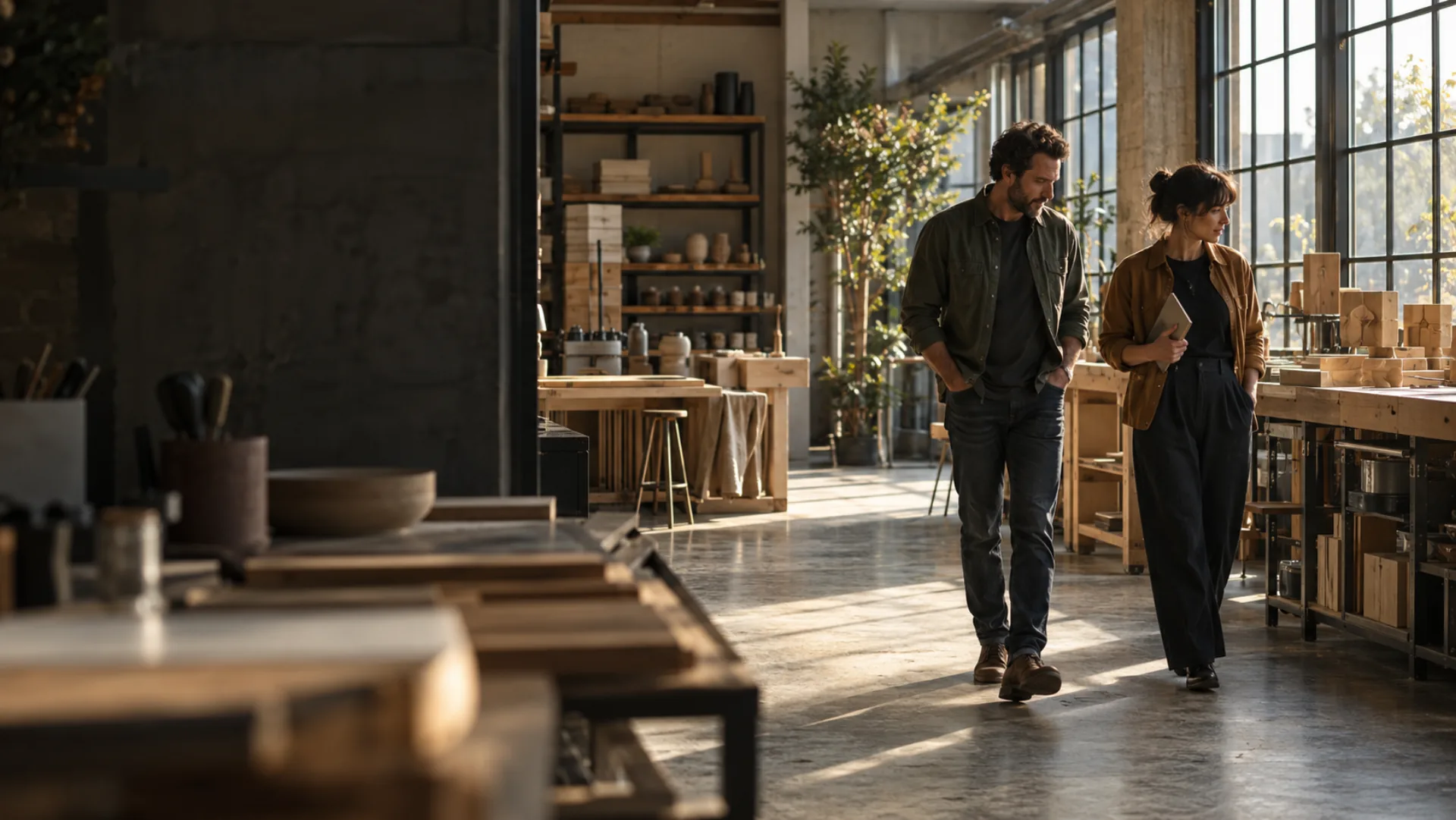 Illustrative scene of two colleagues walking through a sunlit working studio.